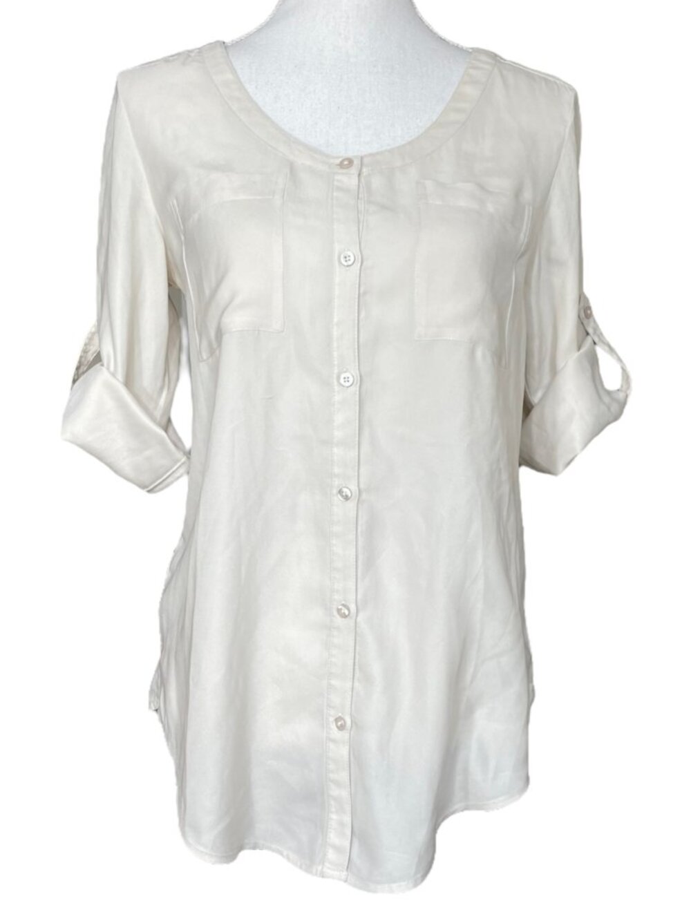 Armani Exchange AX Blouse S Cream Pocket Button-up 3/4 Roll Tab Sleeve Chiffon